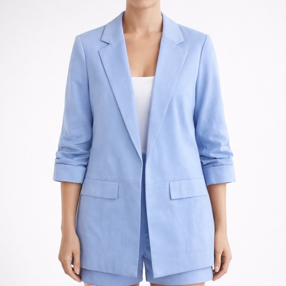 C&A 1841 Light Blue Ruched Sleeve Blazer Jacket Medium Relaxed Chic